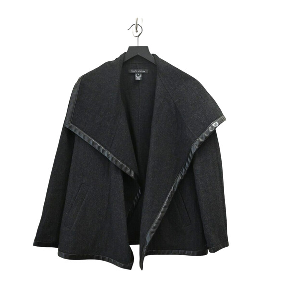 RALPH LAUREN BLACK LABEL Gray Wool-Blend Leather-Trim Coat Size 4 - Picture 1 of 10